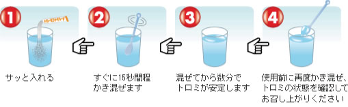 1サッと入れる→2すぐに15秒間程かき混ぜます→3混ぜてから数分でトロミが安定します→4使用前に再度かき混ぜ、トロミの状態を確認してお召し上がりください